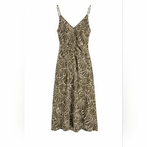 LOFT Green & Ivory Leaf Print Ruched Midi Dress | Size M